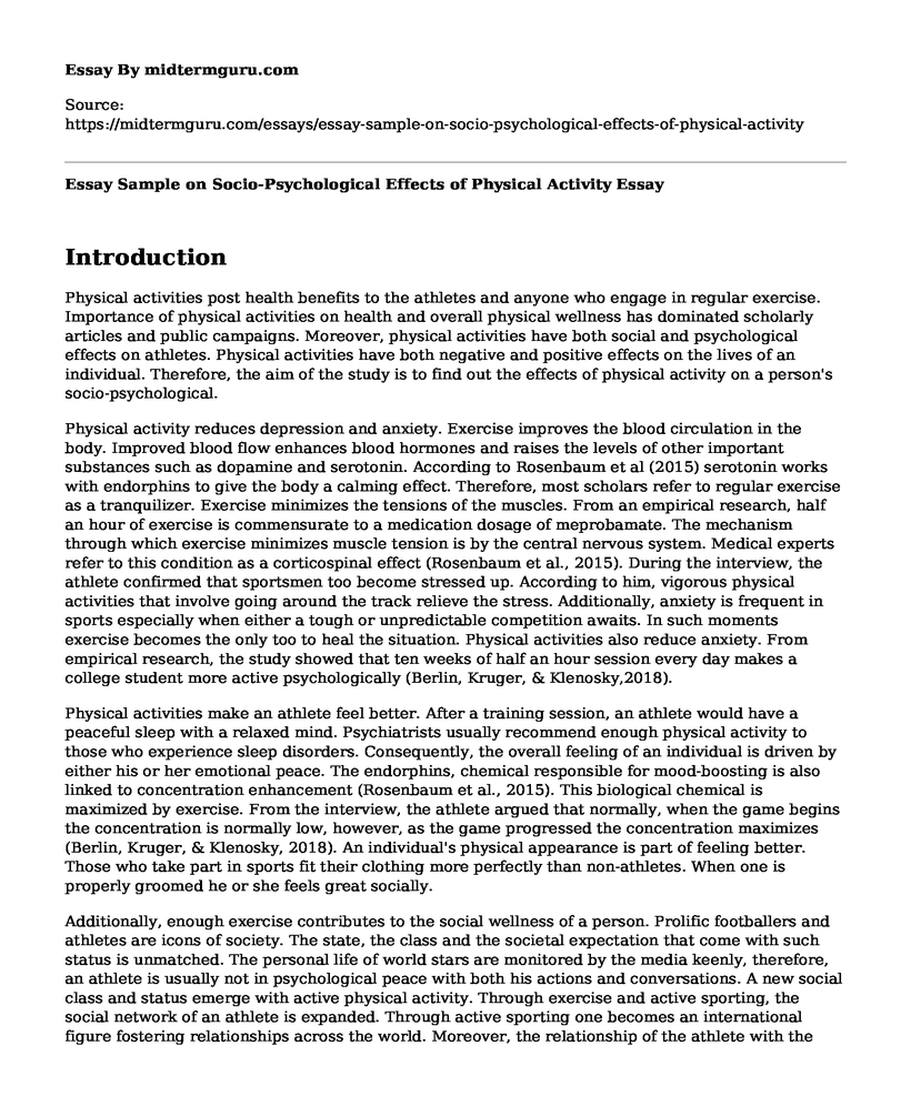 Essay Sample on Socio-Psychological Effects of Physical Activity