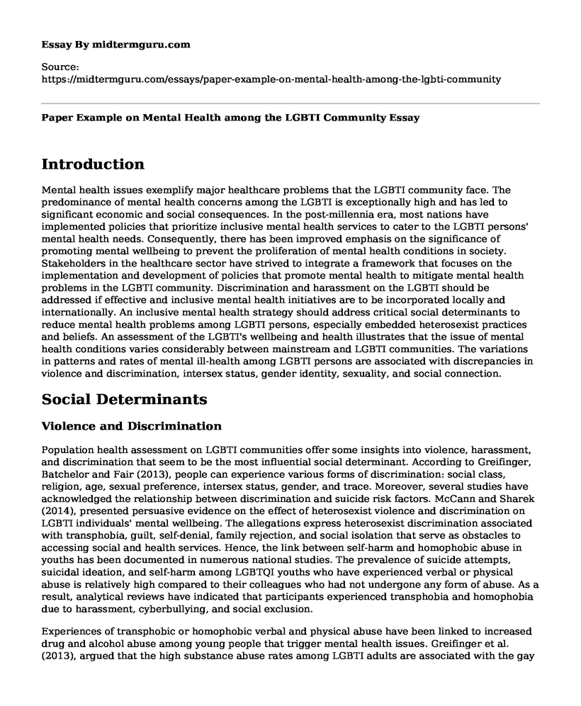 Paper Example on Mental Health among the LGBTI Community