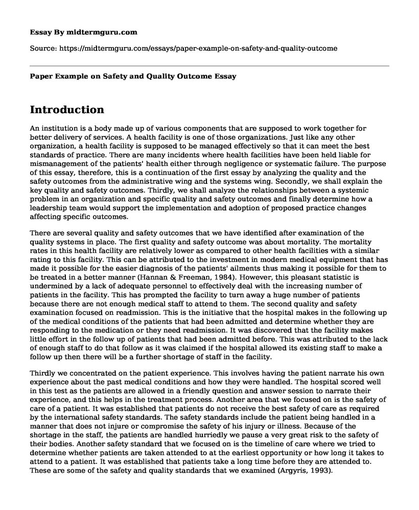 Paper Example on Safety and Quality Outcome