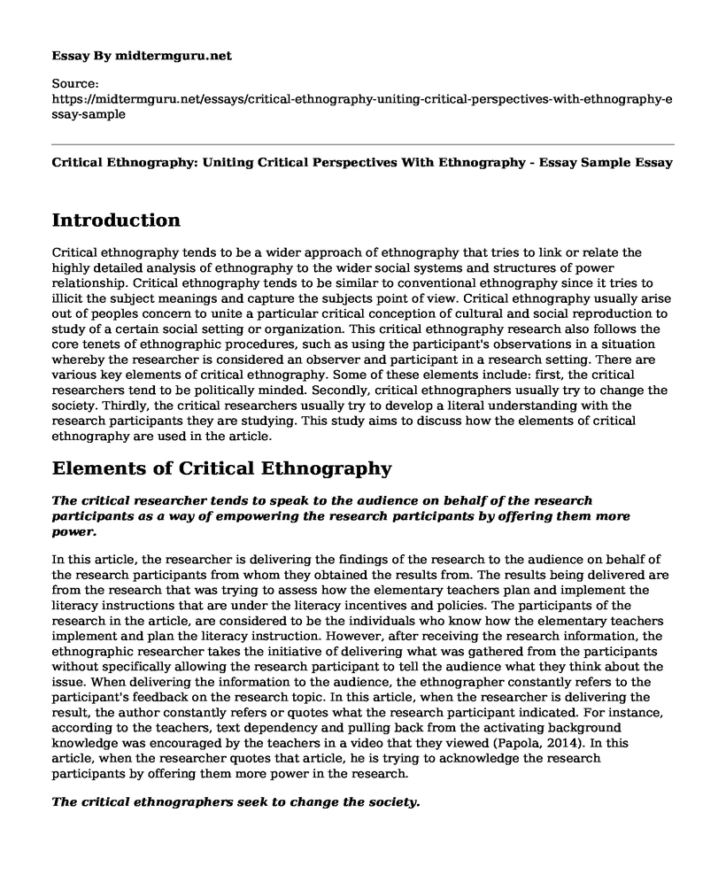 Critical Ethnography: Uniting Critical Perspectives With Ethnography - Essay Sample
