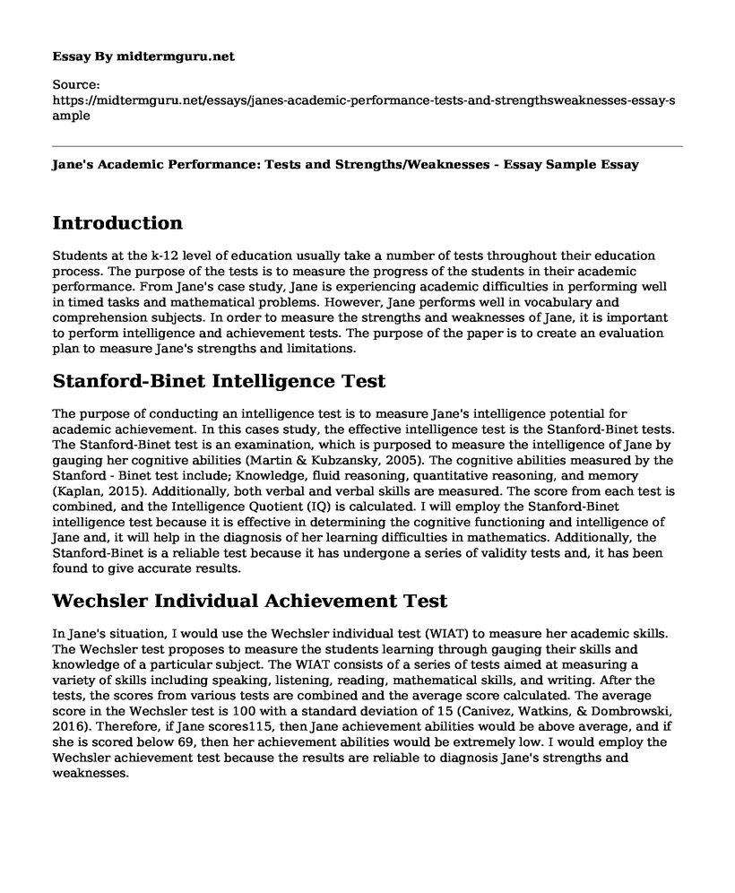 Jane's Academic Performance: Tests and Strengths/Weaknesses - Essay Sample