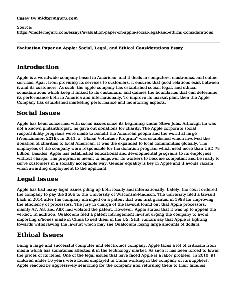 Evaluation Paper on Apple: Social, Legal, and Ethical Considerations