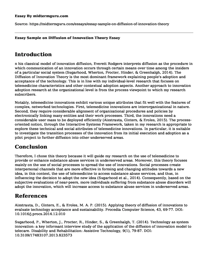 Essay Sample on Diffusion of Innovation Theory