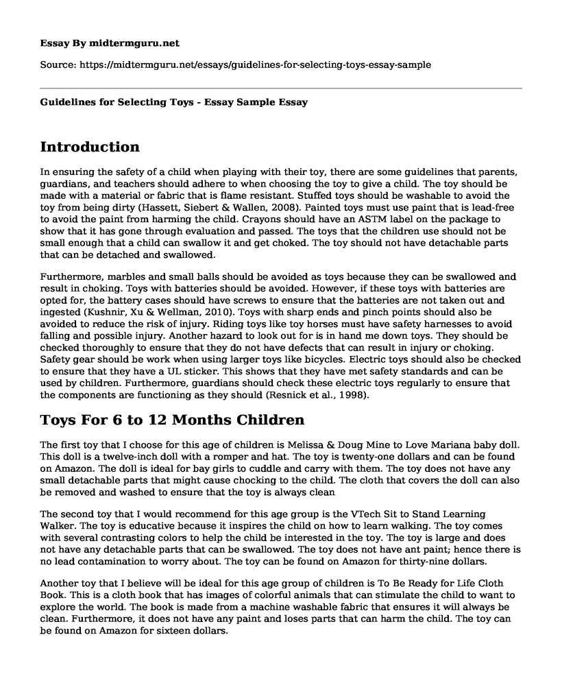 Guidelines for Selecting Toys - Essay Sample