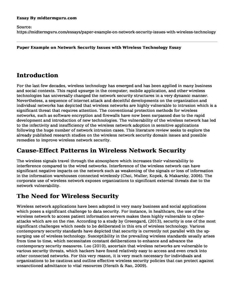 Paper Example on Network Security Issues with Wireless Technology