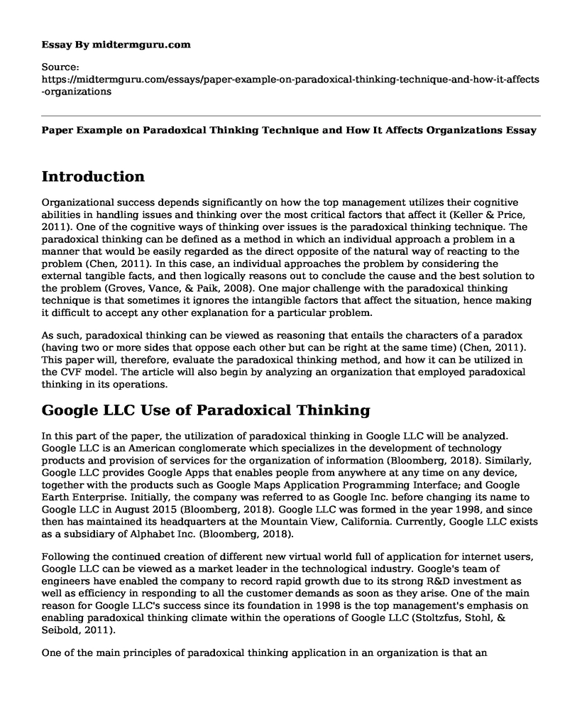 Paper Example on Paradoxical Thinking Technique and How It Affects Organizations