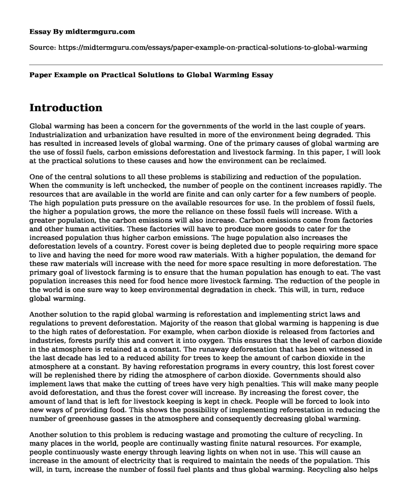 Paper Example on Practical Solutions to Global Warming