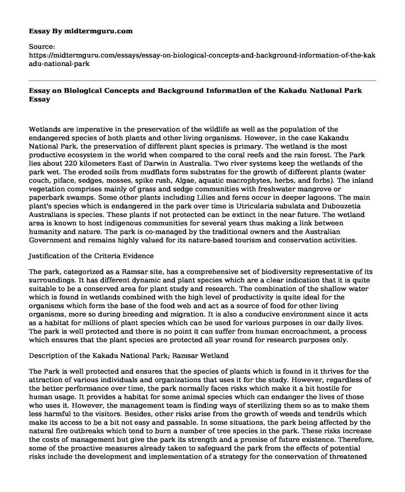 Essay on Biological Concepts and Background Information of the Kakadu National Park