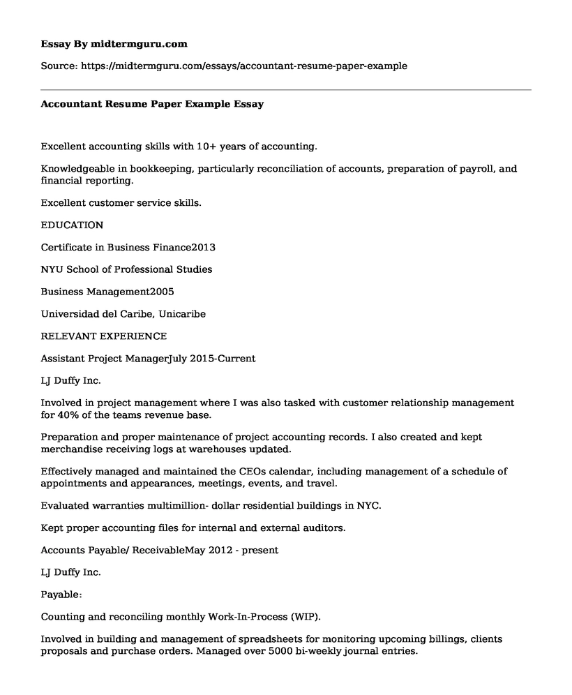 Accountant Resume Paper Example