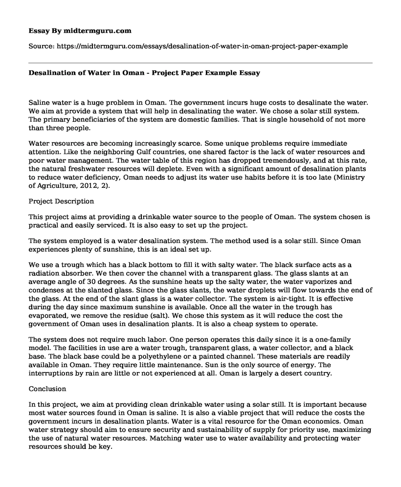 Desalination of Water in Oman - Project Paper Example