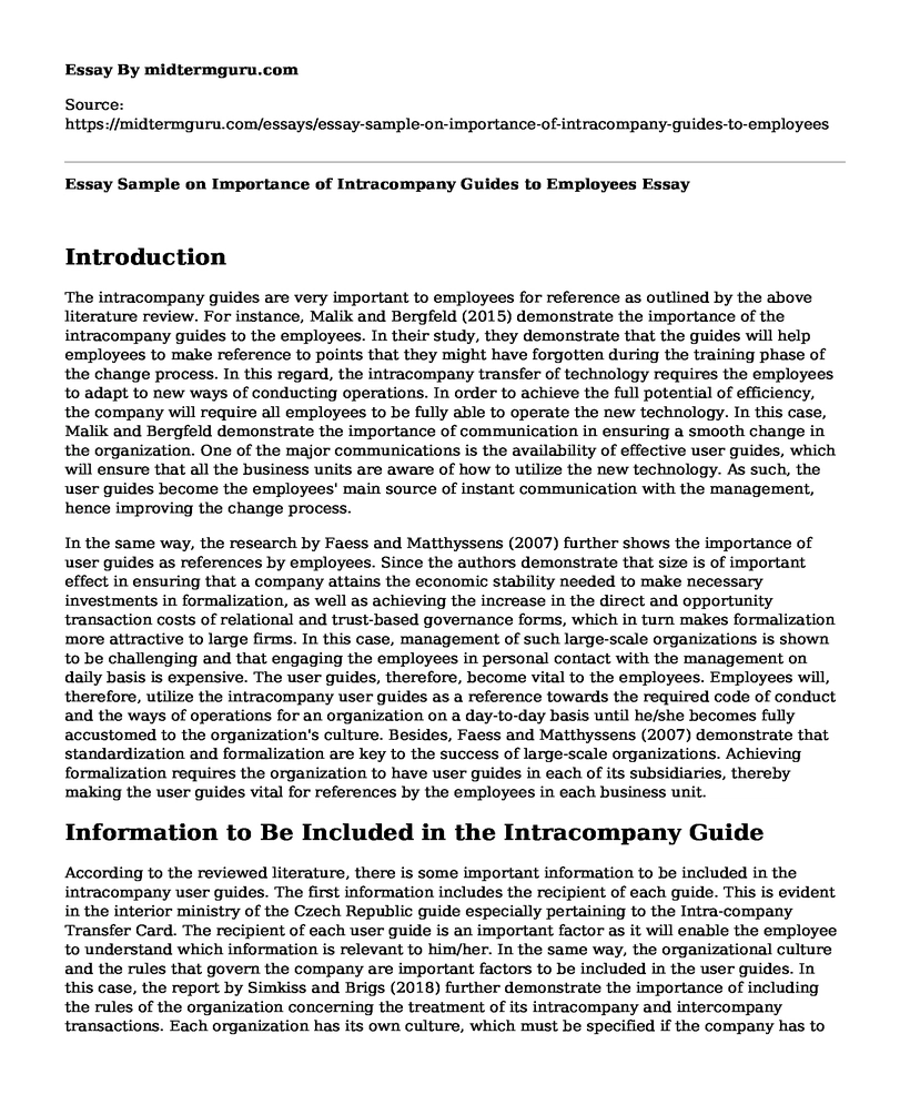 Essay Sample on Importance of Intracompany Guides to Employees