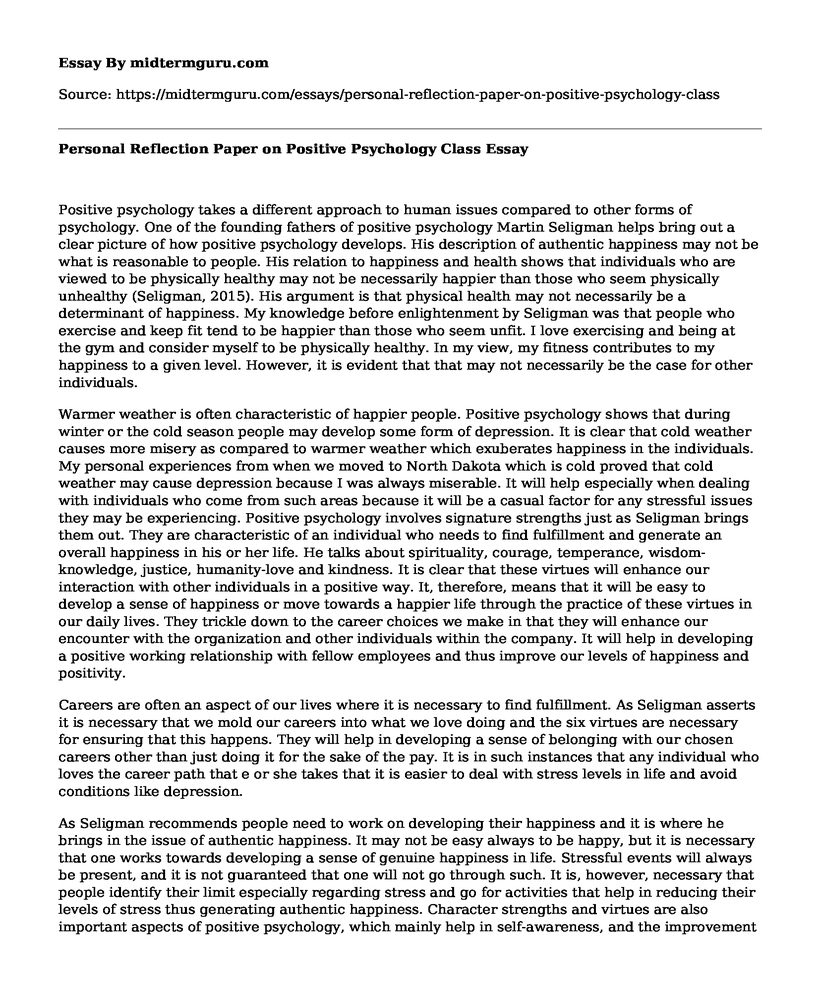 Personal Reflection Paper on Positive Psychology Class