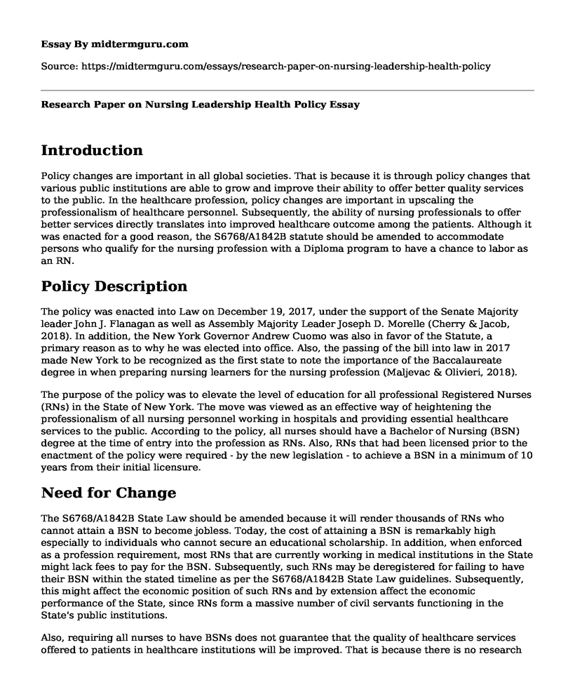 Research Paper on Nursing Leadership Health Policy