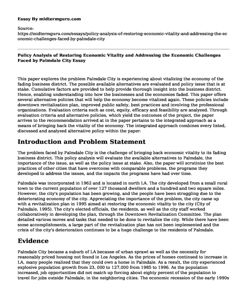 Policy Analysis of Restoring Economic Vitality and Addressing the Economic Challenges Faced by Palmdale City