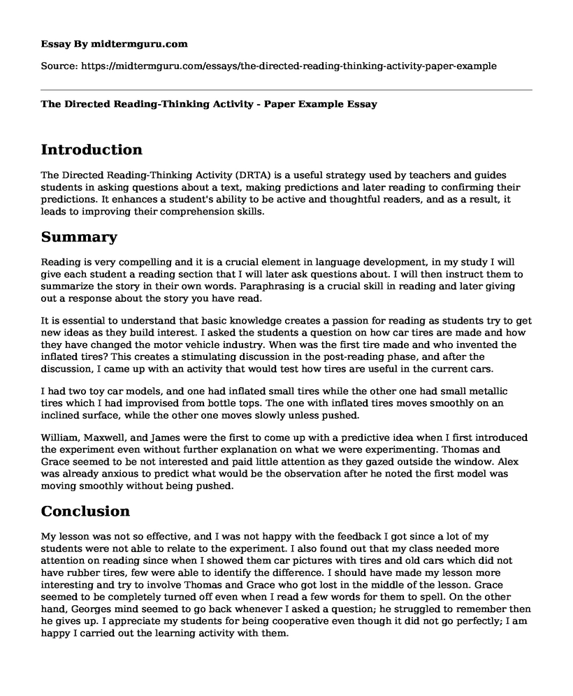 The Directed Reading-Thinking Activity - Paper Example