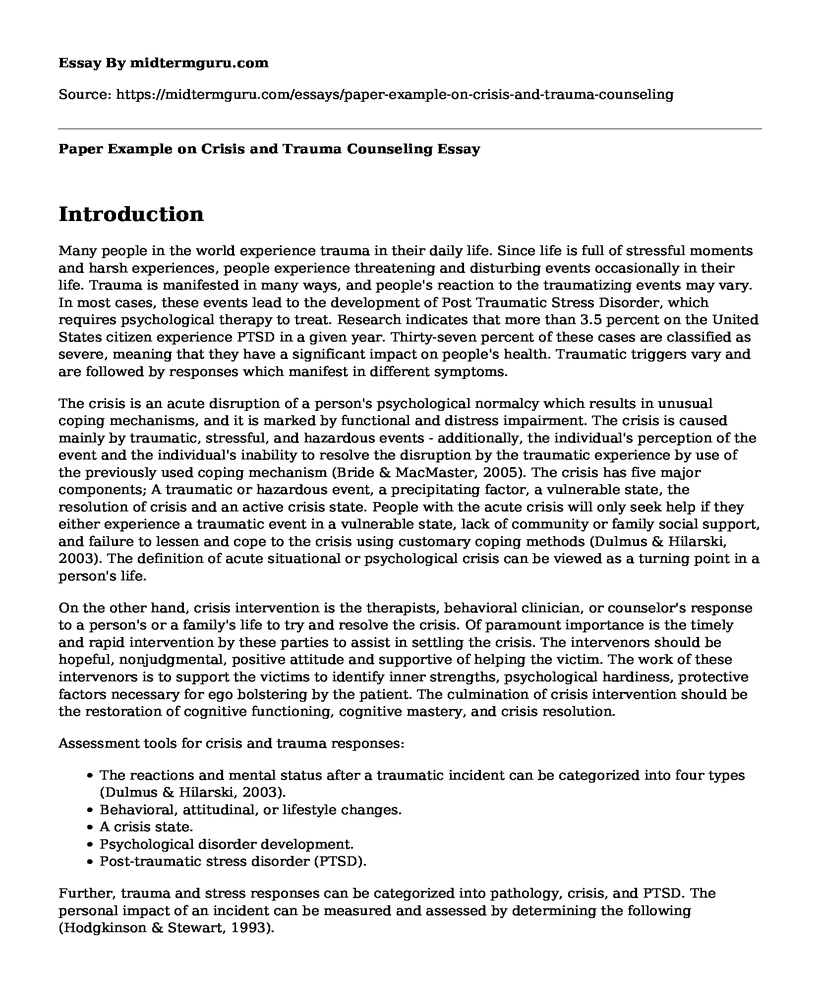 Paper Example on Crisis and Trauma Counseling