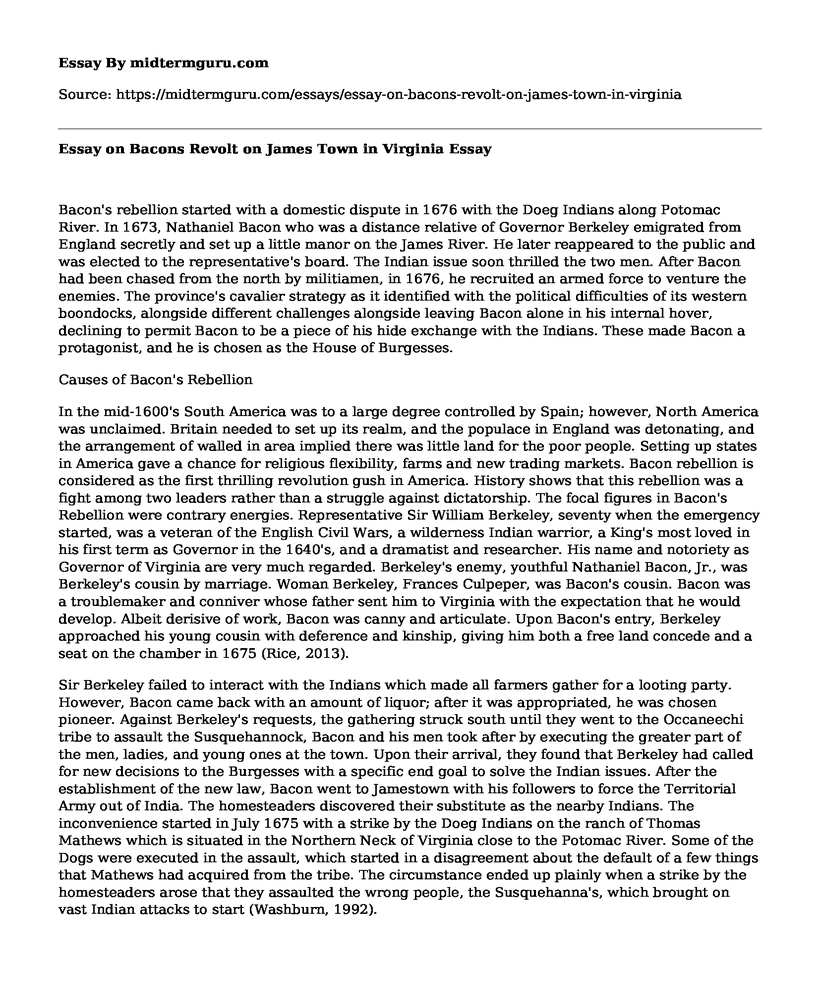 Essay on Bacons Revolt on James Town in Virginia