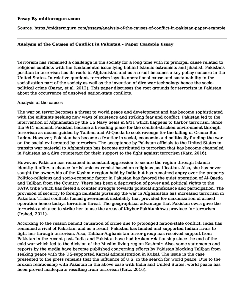 Analysis of the Causes of Conflict in Pakistan - Paper Example