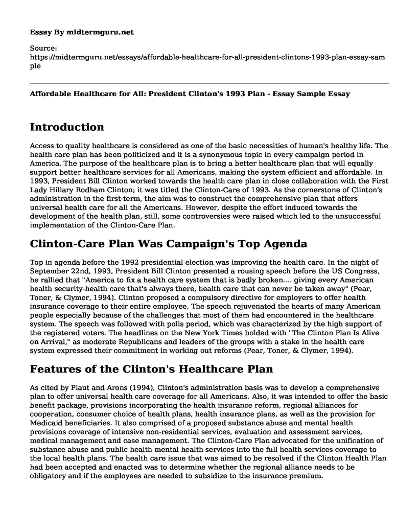 Affordable Healthcare for All: President Clinton's 1993 Plan - Essay Sample