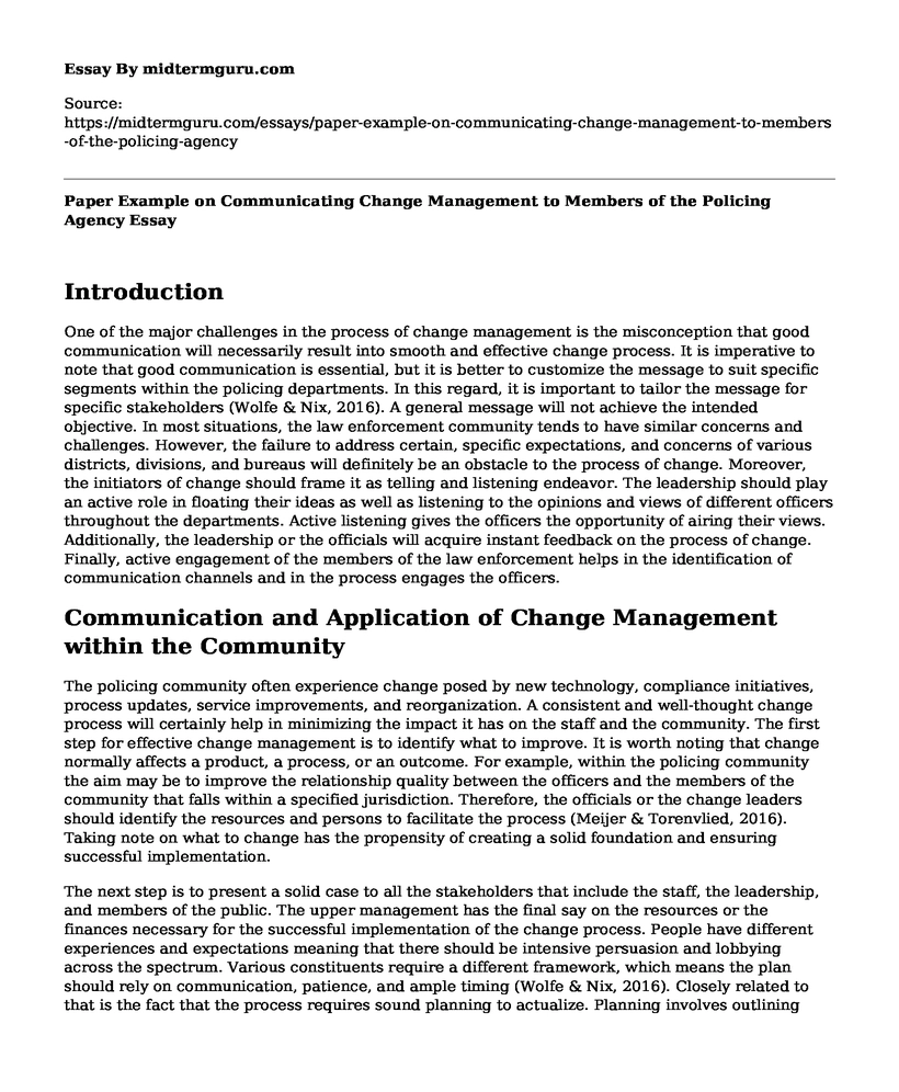 Paper Example on Communicating Change Management to Members of the Policing Agency