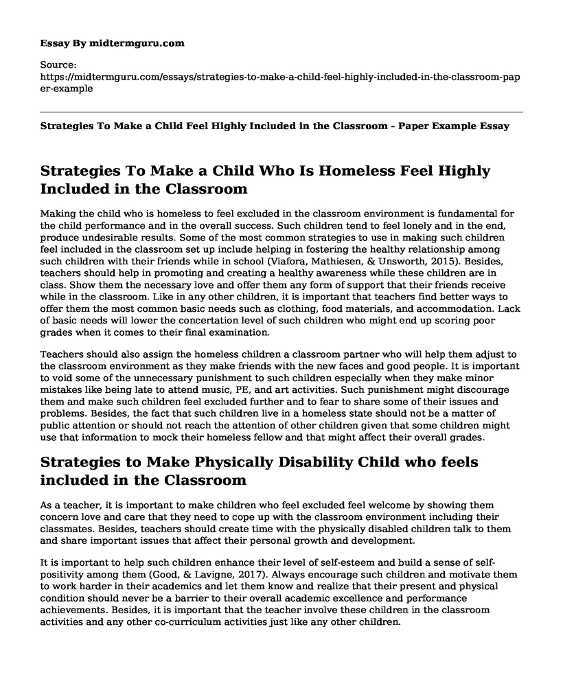 Strategies To Make a Child Feel Highly Included in the Classroom - Paper Example