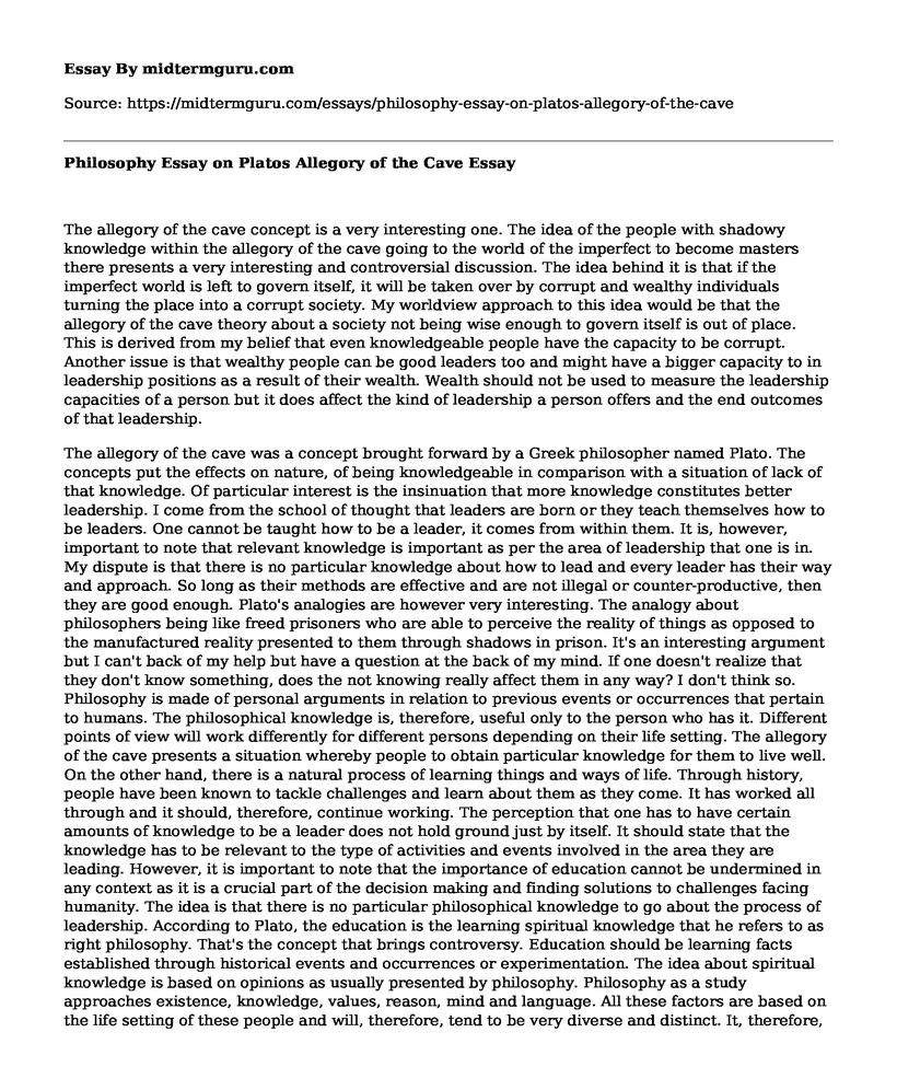 Philosophy Essay on Platos Allegory of the Cave