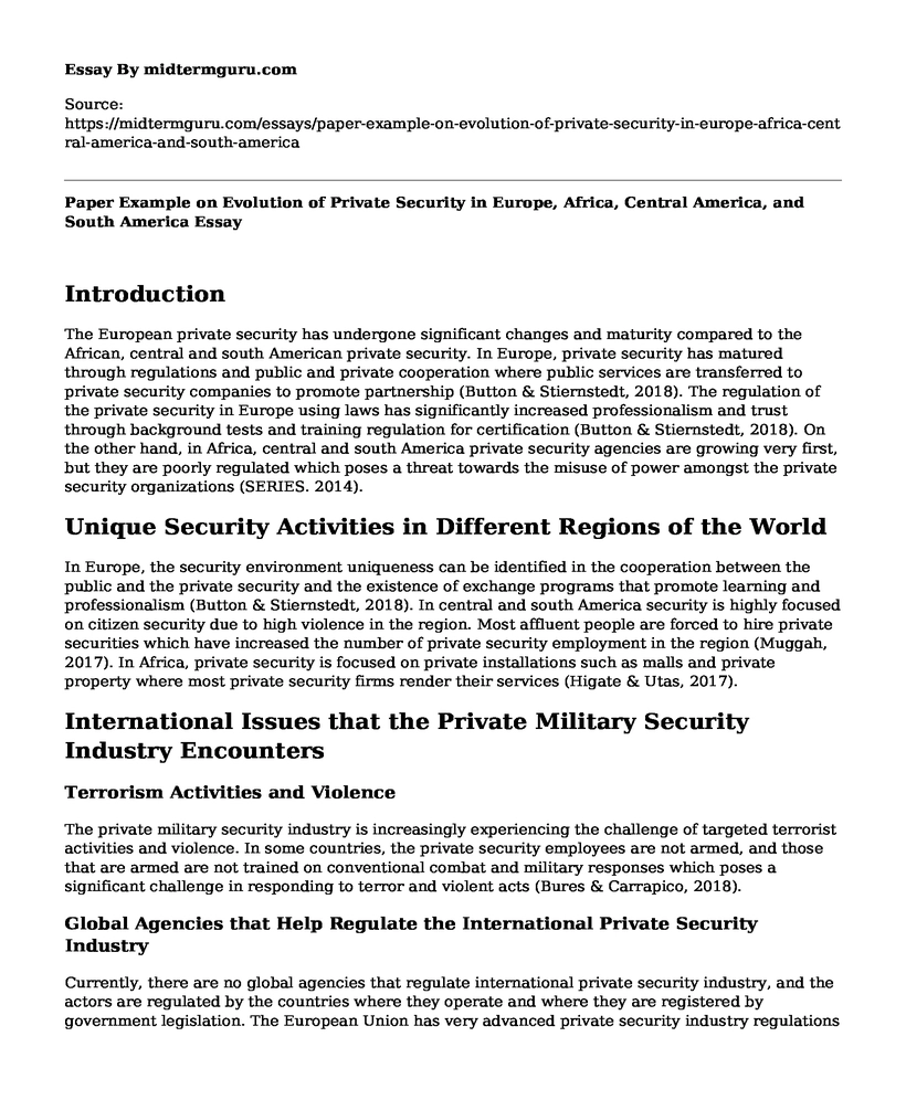 Paper Example on Evolution of Private Security in Europe, Africa, Central America, and South America