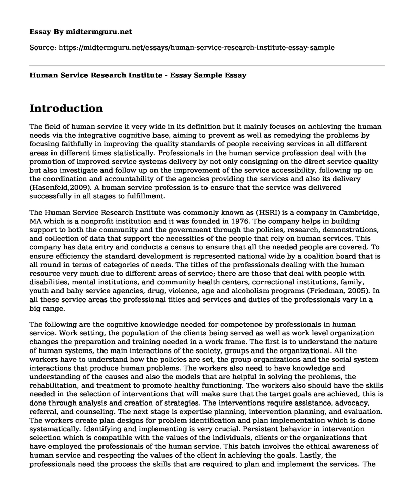 Human Service Research Institute - Essay Sample