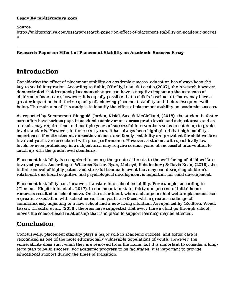 Research Paper on Effect of Placement Stability on Academic Success