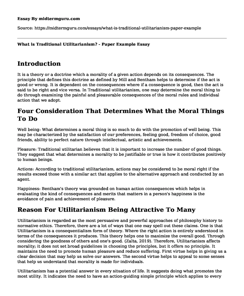 What is Traditional Utilitarianism? - Paper Example