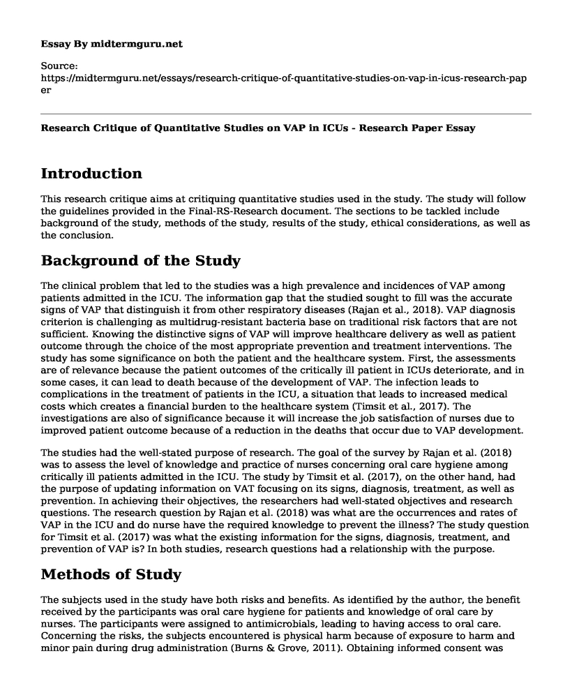 Research Critique of Quantitative Studies on VAP in ICUs - Research Paper
