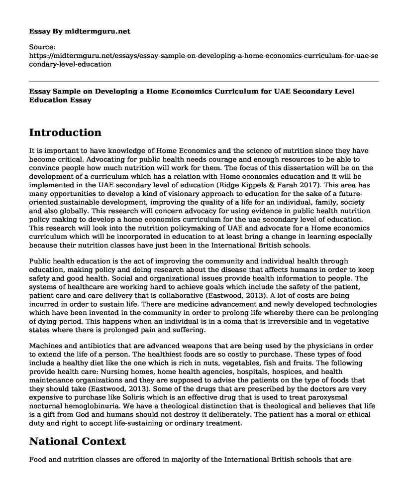 Essay Sample on Developing a Home Economics Curriculum for UAE Secondary Level Education