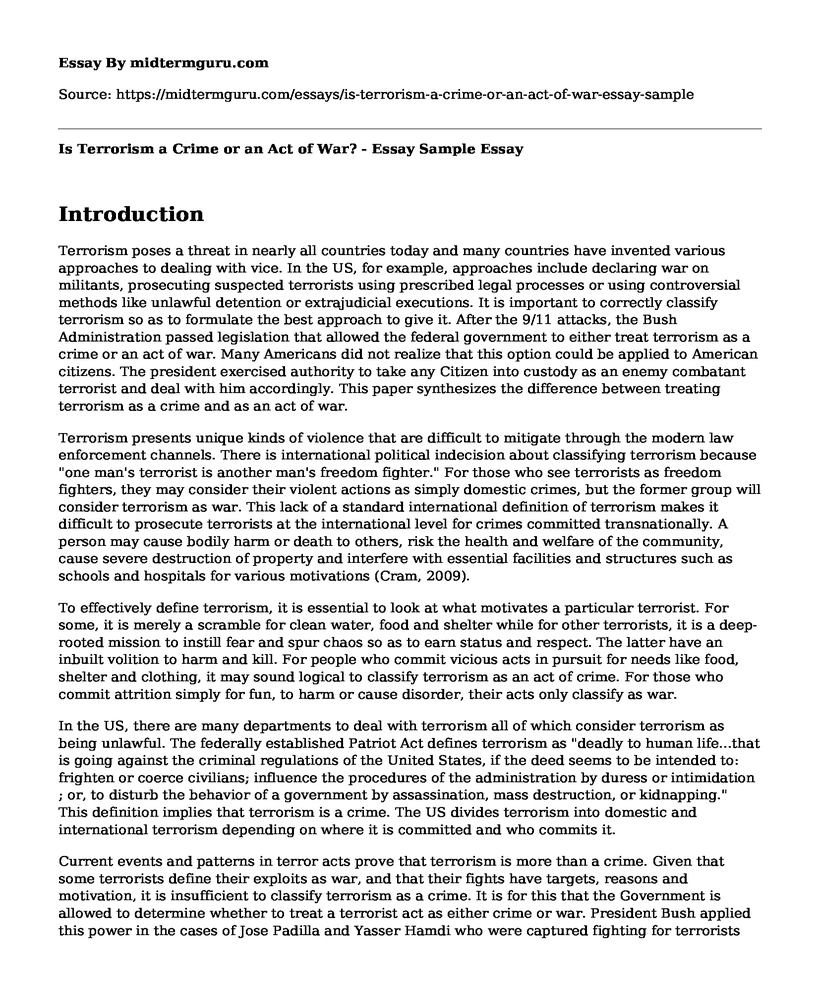 Is Terrorism a Crime or an Act of War? - Essay Sample