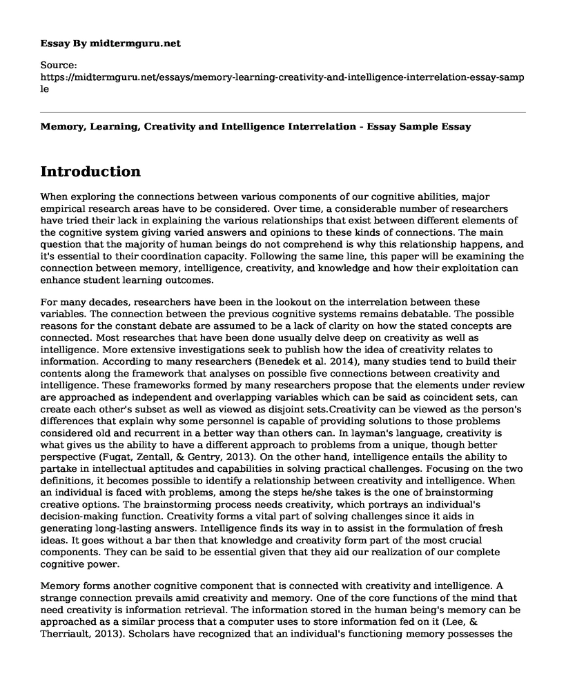 Memory, Learning, Creativity and Intelligence Interrelation - Essay Sample