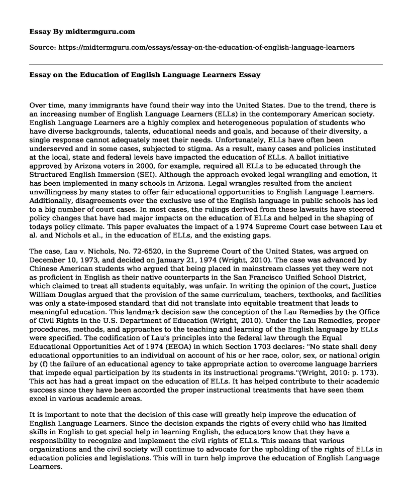 Essay on the Education of English Language Learners