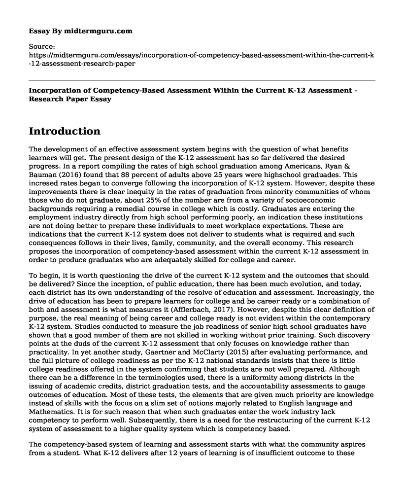Incorporation of Competency-Based Assessment Within the Current K-12 Assessment - Research Paper