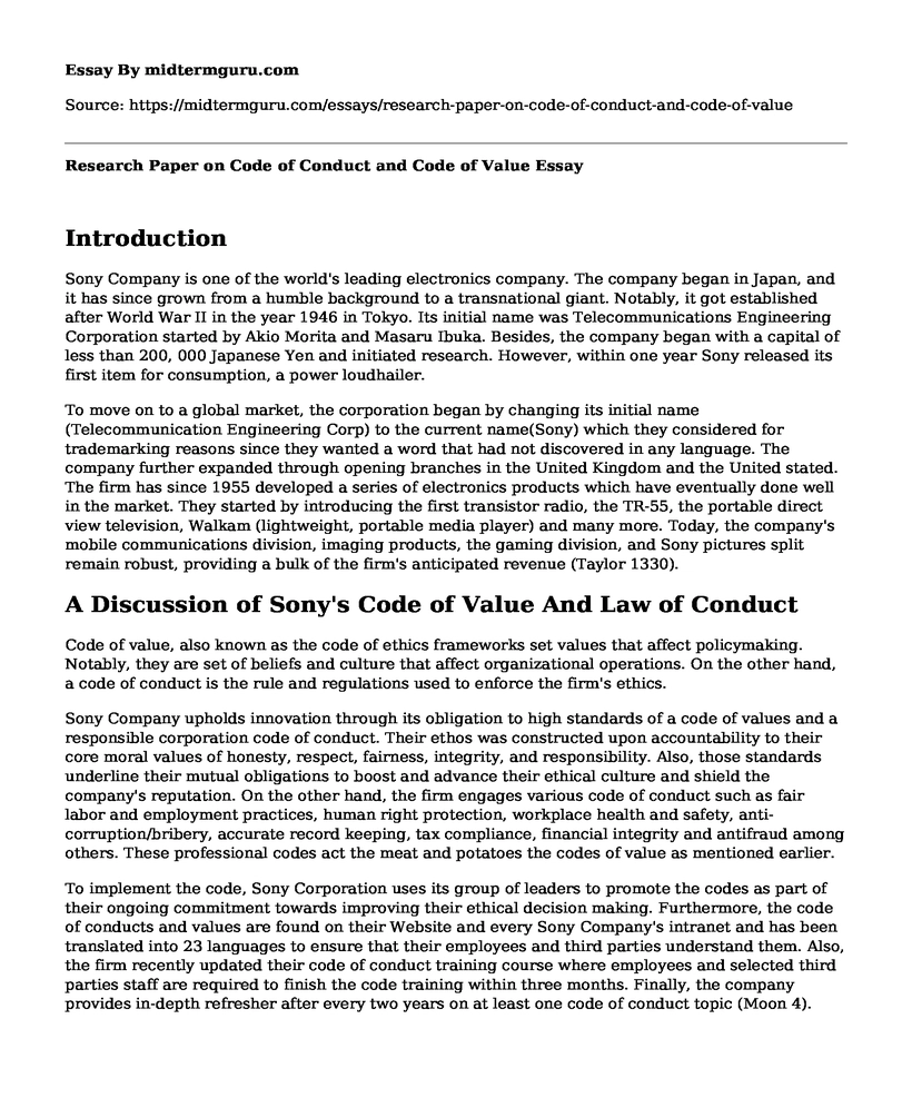 Research Paper on Code of Conduct and Code of Value