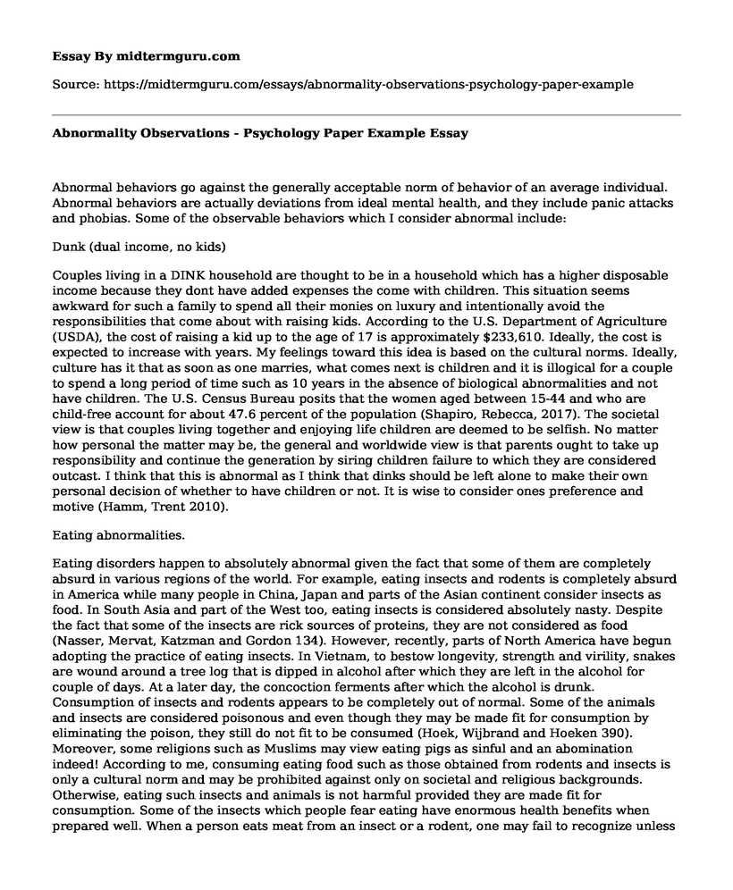 Abnormality Observations - Psychology Paper Example