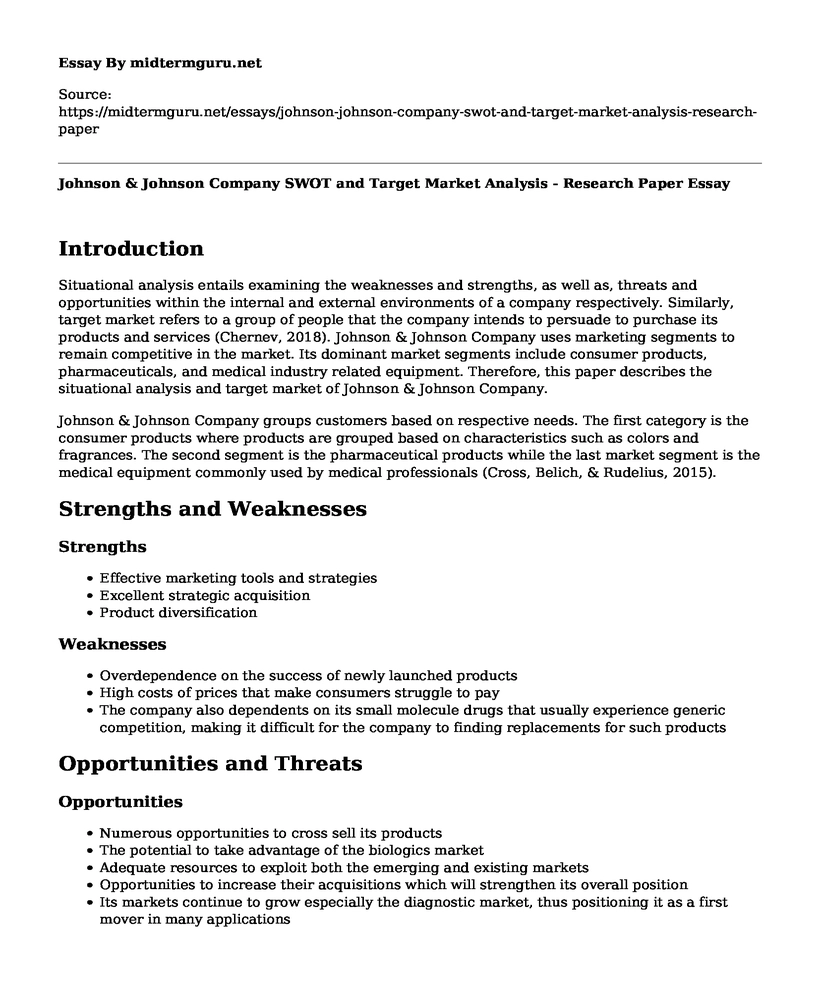 Johnson & Johnson Company SWOT and Target Market Analysis - Research Paper
