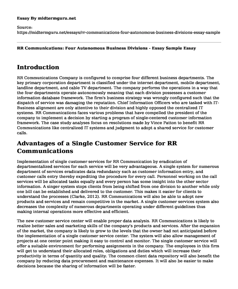 RR Communications: Four Autonomous Business Divisions - Essay Sample