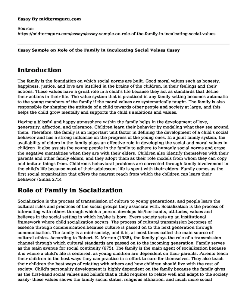 Essay Sample on Role of the Family in Inculcating Social Values
