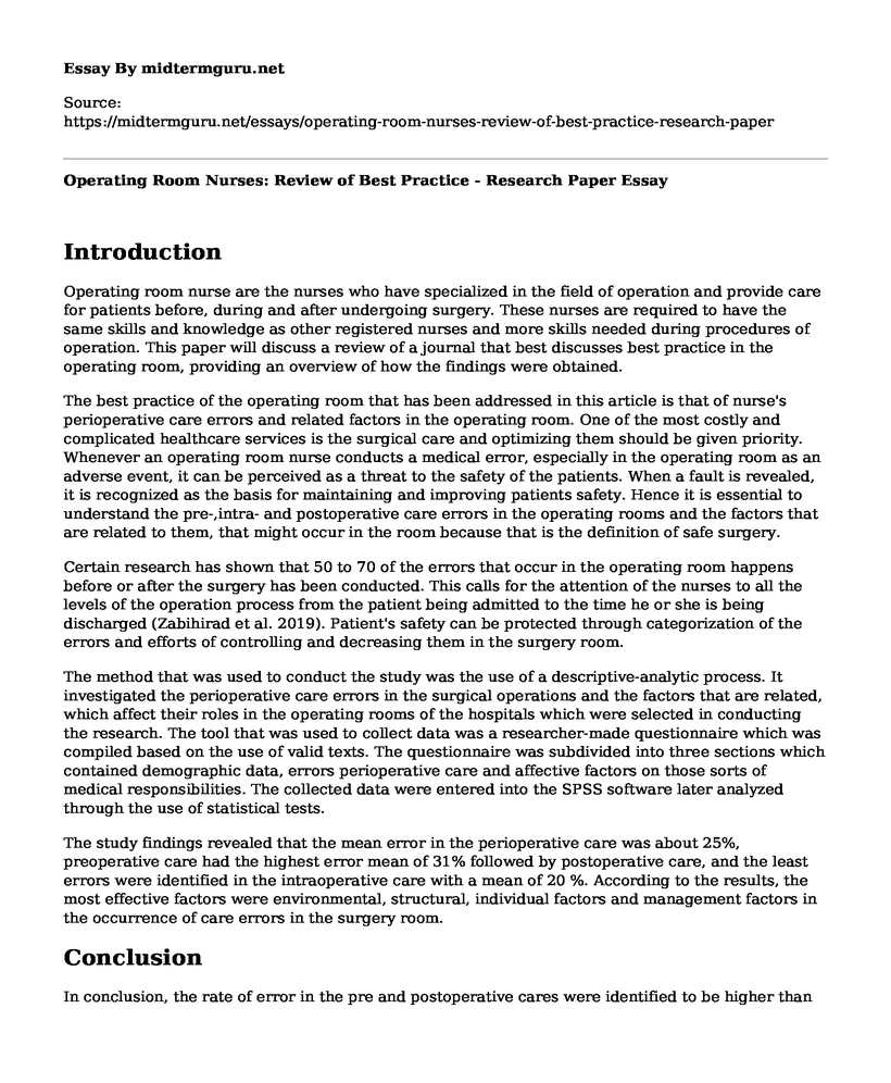 Operating Room Nurses: Review of Best Practice - Research Paper