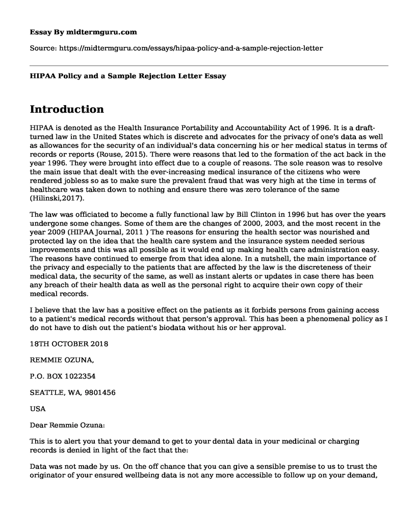 HIPAA Policy and a Sample Rejection Letter