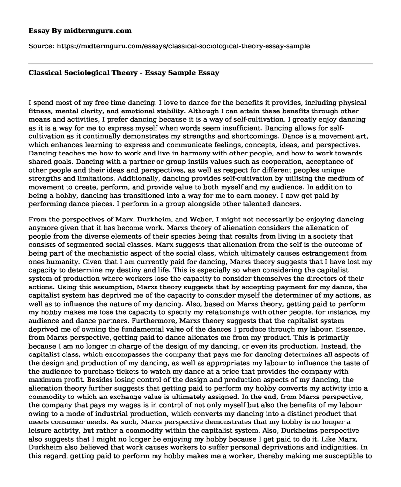 Classical Sociological Theory - Essay Sample