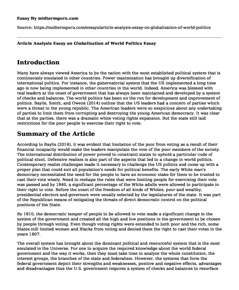 Article Analysis Essay on Globalization of World Politics
