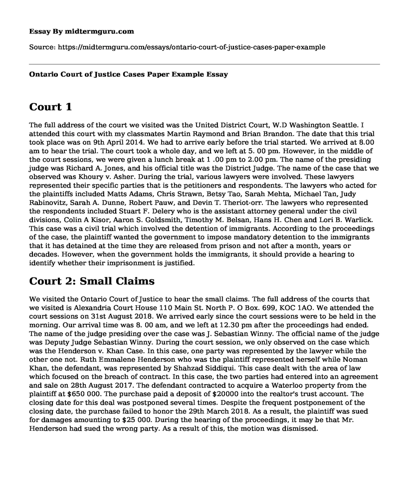 Ontario Court of Justice Cases Paper Example