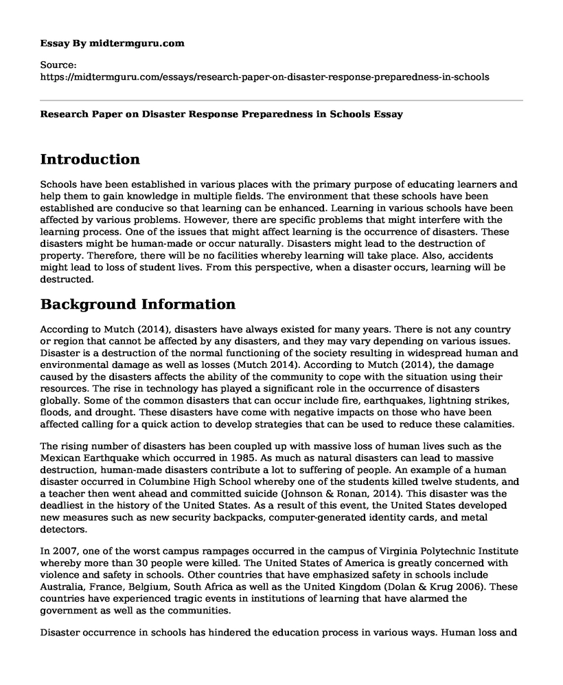 Research Paper on Disaster Response Preparedness in Schools