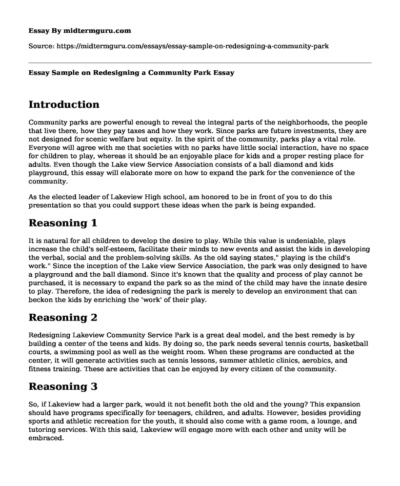 Essay Sample on Redesigning a Community Park
