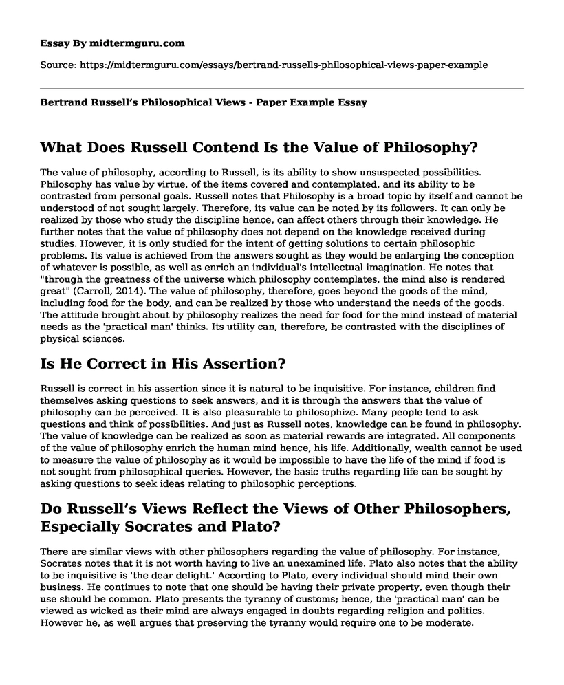 Bertrand Russell's Philosophical Views - Paper Example