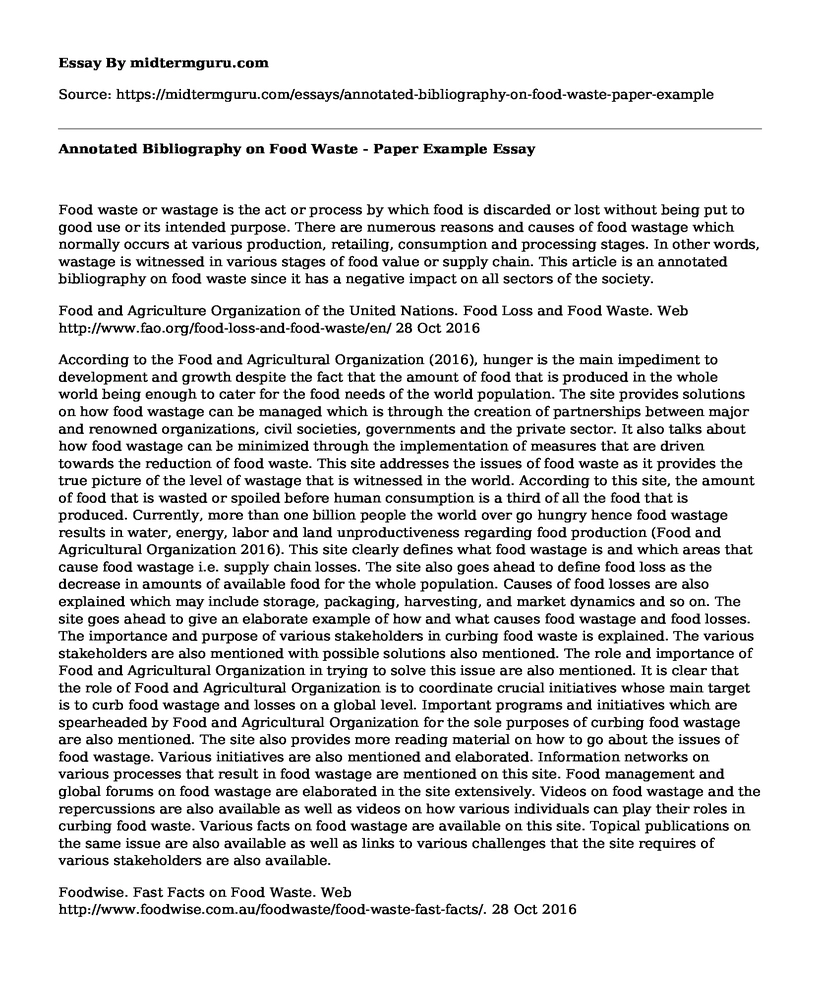 Annotated Bibliography on Food Waste - Paper Example